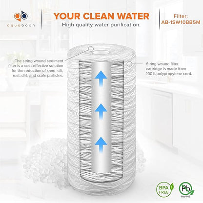 Aquaboon 5 Micron Water Filter 10 x 4.5 inch - String Wound Water Filter for Whole House System - Compatible with 84637, WPX5BB97P, PC10, 355214-45, 355215-45, WP10BB97P, WP5BB97P (20 Pack)