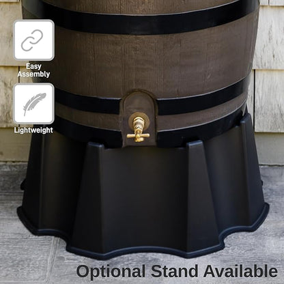 RTS Home Accents 50-Gallon Rain Barrel, Flat Back Rain Water Collection Barrel, Woodgrain with Black Stripes