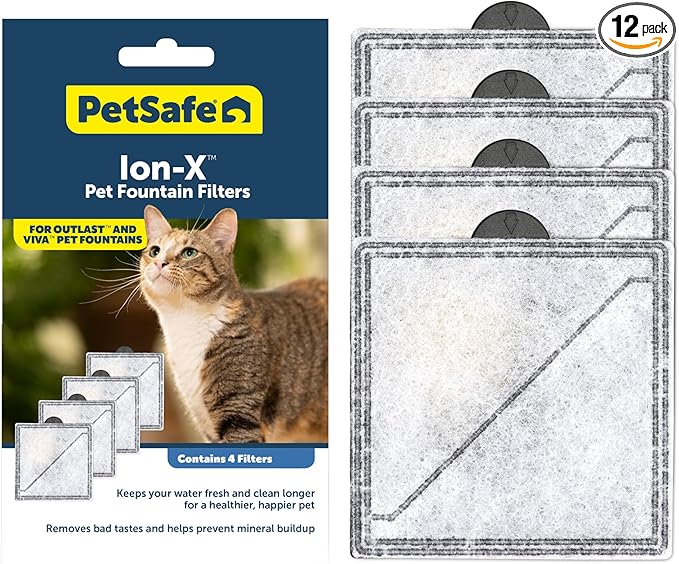 PetSafe Ion-X Pet Fountain Filters - Dual Filtration - Activated Carbon Water Filter - Removes Bad Taste & Odor - Water Softening Filter for Cats & Dogs, 4 Count (Pack of 12)