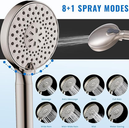 Ryamen Filtered Shower Head with Handheld, High Pressure 9-Spray Modes Detachable Shower Head with Filter for Hard Water-Remove Chlorine & Impurities, 2 Filters, Brushed Nickel