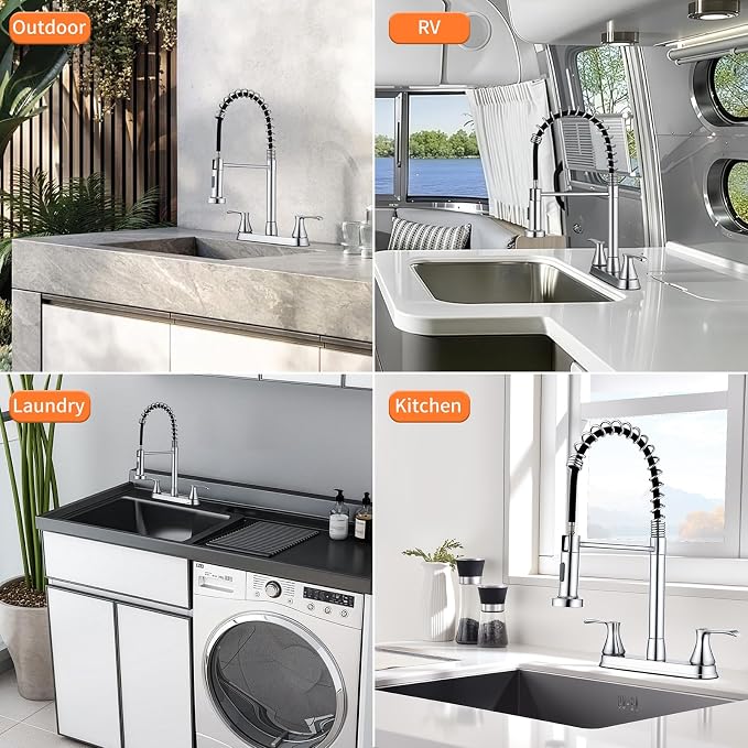 HOMELODY 2 Handles Kitchen Faucet with Pull Down Sprayer for 3 Hole Sink, 360° Rotating Spout Commercial 2 Handle Stainless Steel Kitchen Faucets with Deck Plate Chrome