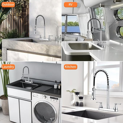 HOMELODY 2 Handles Kitchen Faucet with Pull Down Sprayer for 3 Hole Sink, 360° Rotating Spout Commercial 2 Handle Stainless Steel Kitchen Faucets with Deck Plate Chrome