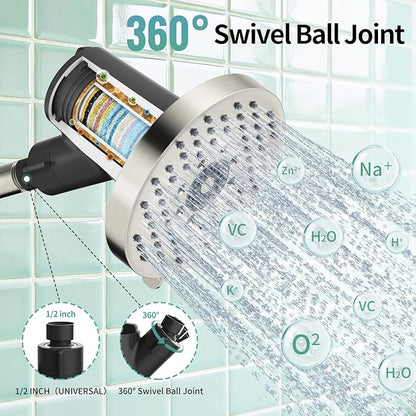 SR SUN RISE Filtered Shower Head - High Pressure Rain Shower Head with 20-Stage Filter,6 Spray Modes for Hard Water Softener, Remove Chlorine & Heavy Metals (Brushed Nickel, 5.6 Inch Round)