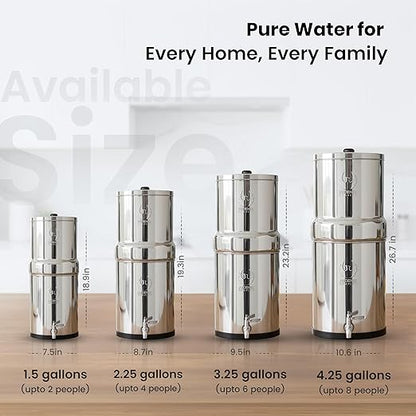 1.5 G Gravity Water Filter | NSF/ANSI 42 & 372 Certified | Gravity-Fed Countertop Stainless Steel Water Filter System | AISI 304 | 2 Carbon Filters & Steel Spigot | Portable | No Electricity Required