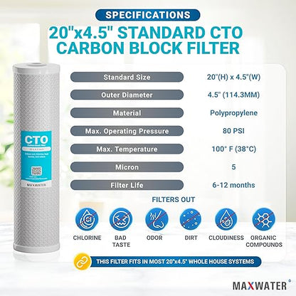 20 x 4.5 Whole House 1 Stage CTO Coconut Shell Carbon Block Water System w/ 1" NPTF Port Housing Head Includes 5 Micron CTO Filter, Gauge & Bracket BB-20B WH100SP WDS150K CB1-CAB20-BB DB20P