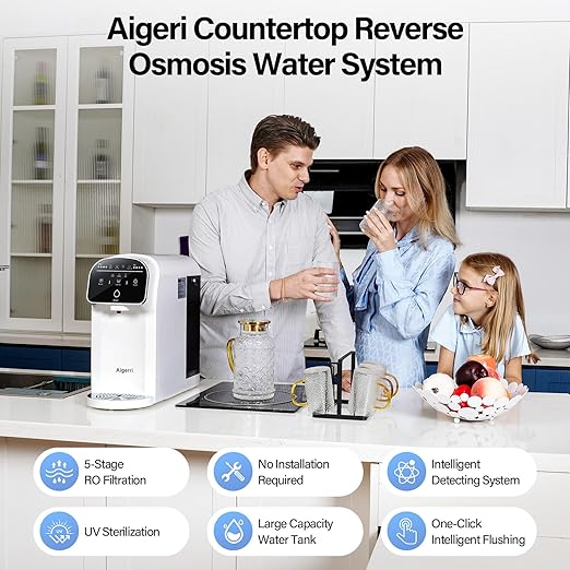 Aigerri Portable Countertop Reverse Osmosis Water Filter with UV, 5-Stage RO Filtration System, No Installation Needed, 5:1 Pure to Drain Ratio, Compact Water Purifier for Home, Office & RV