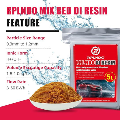 Mixed Bed Deionized Di Resin Refill for Spotless Water System for Car Wash, 5 Liters, Aquarium Filter, Deionized Car Wash, with Replacement Sand Bag&Paper Funnel