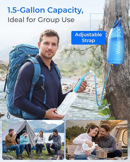 Waterdrop Gravity Water Filter Straw, Camping Water Filter, 0.1 Micron | Survival Water Purifier for Hiking, Backpacking & Emergency Preparedness, Multi-Stage Filter with 1.5 Gallon Bag, 2 Pack