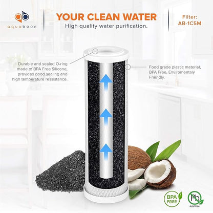 Aquaboon 5 Micron 10 x 2.5 Carbon Block Water Filter Cartridge CTO Whole House Water Filter Replacement Compatible with WHKF-WHWC, FXWTC, 2-PACK