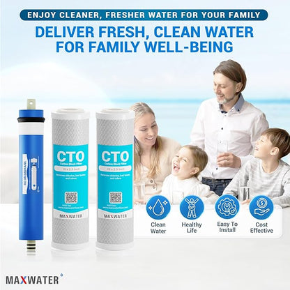 Max Water Combo Pack FX12P and FX12M or TFM-24 Water Filter Replacement, Compatible GE RO Set GXRM10RBL GXRM10G Reverse Osmosis Systems - Carbon Block Filters and 50 GPD RO Membrane (Membrane + 2 CTO)
