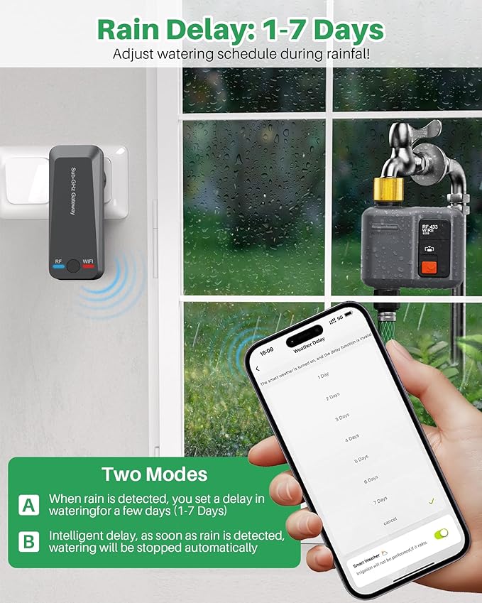 WiFi Sprinkler Timer 1 Zone with 984 Feet RF Gateway, 2 Pack Dark Gray-Brass Inlet Smart Water Timer for Garden Hose with Rain Delay/Manual/Automatic,WiFi Water Timers for Garden