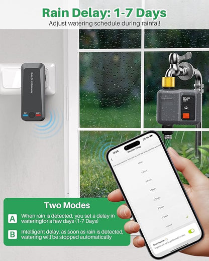WiFi Sprinkler Timer 1 Zone with 984 Feet RF Gateway, 1 Outlet Dark Gray-Brass Inlet Smart Water Timer for Garden Hose with Rain Delay/Manual/Automatic,WiFi Water Timers for Garden