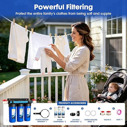 Whole House Water Filter System,3 Stage Whole Home Water Softener System, Reduces Chlorine Sediment Odor for Healthier Skin,Extra 2 Sets Filter Included, 1-2 Year Service Life,2 Valves & 3/4" Ports