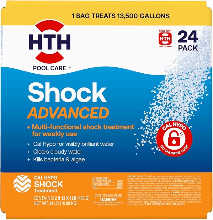 HTH 52065 Pool Care Shock Advanced, Swimming Pool Chemical - Cal Hypo Formula, Prevents Bacteria & Algae, Restores Crystal Clear Water - Shock Treatment, 1lb Packs (24 Packs)