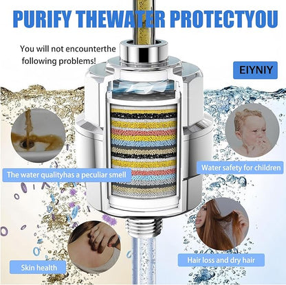 Universal Shower Filter, High Output with Replaceable 15-Stage Cartridge to Remove Chlorine & Impurities, Improve Water Quality for Skin & Hair Care, Chrome，with Bracket Holder (EY-009S)