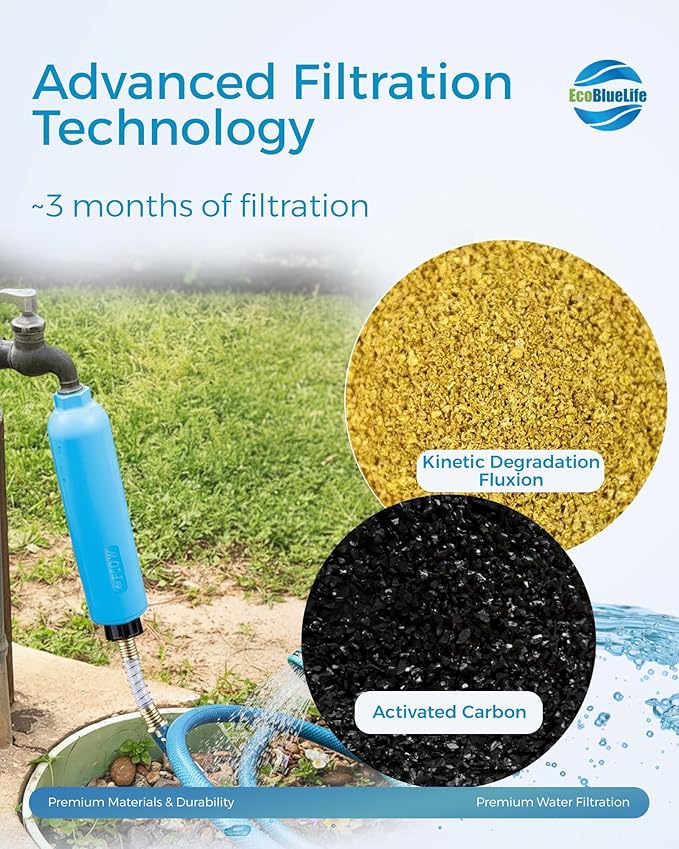 EcoBlueLife RV Water Filter - Inline Attachment with KDF & Activated Carbon, Reduces Odors, Chlorine-Taste, Sediments for Pure Drinking Waters, Perfect for Travel Trailers, Marine, Camper Water Filter