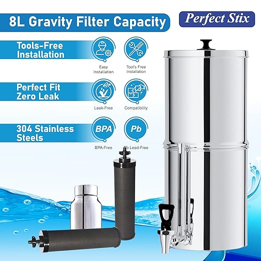Denali Spring-2.25G (8 Liters)- Stainless Steel Gravity-Fed Water Filtration System with 2 Black Filters, SS Tap, POSTreat Filters and Vision Tap