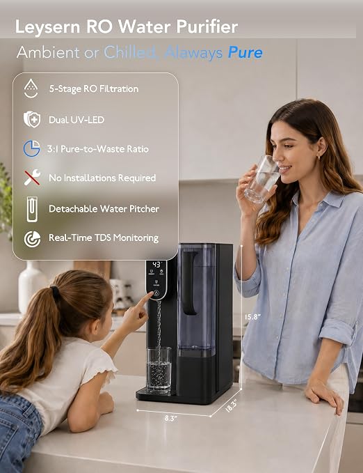 Leysern Cold Countertop Reverse Osmosis Water Filter, No Installation | 7-Stage RO Filtration with UV, Dual-Thermoelectric Cooling, Water Purifier with TDS Monitor, NSF 372 Certified, Black