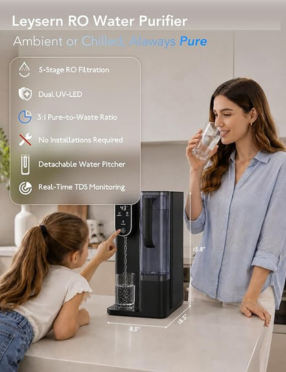 Leysern Cold Countertop Reverse Osmosis Water Filter, No Installation | 7-Stage RO Filtration with UV, Dual-Thermoelectric Cooling, Water Purifier with TDS Monitor, NSF 372 Certified, Black