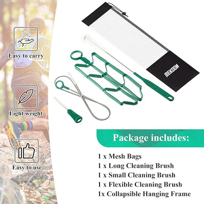 Feekoon Reservoirs Backpack Accessories Hydration Bladder Cleaning Kit with Flexible Long Brush for Hose, Small Bite Valve and Big Brush, Drying Collapsible Bladder Frame, Carrying Pouch