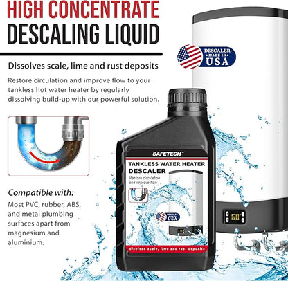 Safetech Tankless Water Heater Flushing Kit with 5-Gallon Screw-Top Lid, Premium Hoses, 1/6 HP Utility Pump, 4 Quarts Descaler, and Pump Grate