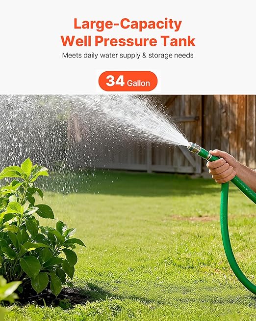 VEVOR 34-Gallon Vertical Well Pressure Tank, Pre-Charged Pressurized Water Tank for Well Pumps, Heavy-Duty Carbon Steel Water Storage Container for Home, School, Farm & Irrigation Systems