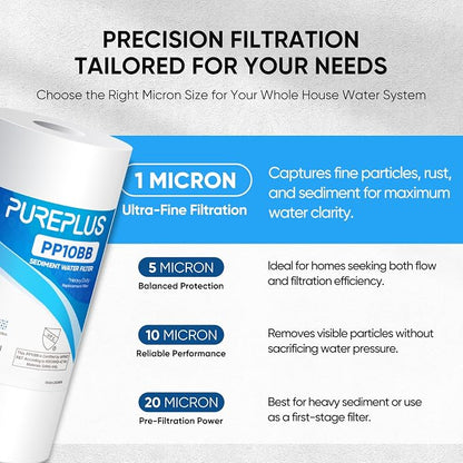 PUREPLUS 1 Micron 10" x 4.5" Whole House Sediment Home Water Filter Replacement Cartridge for RFC-BBSA, HD-950, WFHD13001B, W15-PR, GXWH30C, GXWH35F, AP817, PP10BB, 3PACK