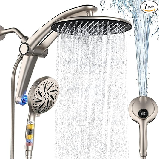 Shower Head with filtered Handheld High Pressure daul Shower Heads with Handheld Spray Combo and 10 Sprays Handheld Shower Head Detachable Shower head Built-in Magnetic Docking and Power Jets Nickel