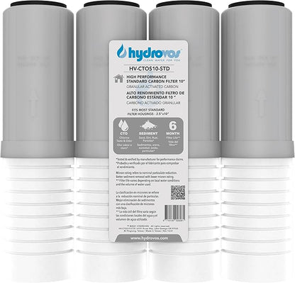 HYDROVOS 10" x 2.5" Whole House Water Filter, CTO Carbon Water Filter Replacement, High Efficiency 2-in-1 GAC & PP Removes Sediment, Chlorine, Pack of 4