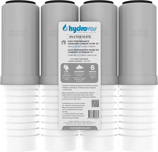 HYDROVOS 10" x 2.5" Whole House Water Filter, CTO Carbon Water Filter Replacement, High Efficiency 2-in-1 GAC & PP Removes Sediment, Chlorine, Pack of 4