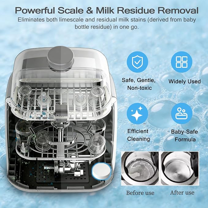 xcivi 40 Count Descaling Tablets for Momcozy Bottle Washers, Sterilizers | Compatible with Momcozy/Baby/Brezza/GROWNSY Bottle Washer, Descaling Tablets for Milk & Limescale Removal, Natural Non-toxic