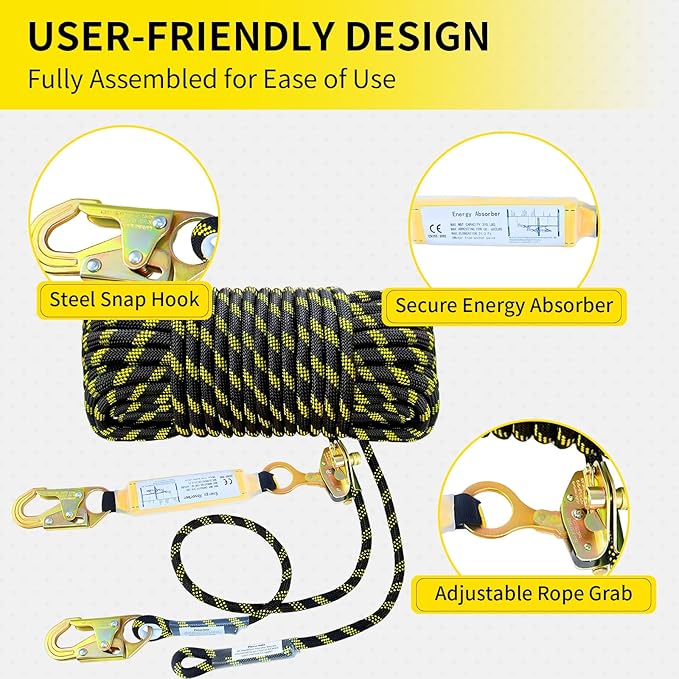 150FT Vertical Lifeline Assembly, Heavy Duty Fall Protection Safety Rope with Rope Grab, Steel Snap Hooks & Shock Absorber, Industrial Tower Climbing Safety Line Kit, ANSI CE
