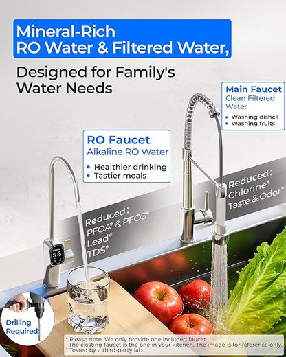 Waterdrop G5P700A-Pro Alkaline Mineral pH+ Reverse Osmosis Water Filter, NSF/ANSI 58 & 372 Certified, 8 Stage Dual Flow Reverse Osmosis System, 700 GPD RO Water Filtration System, LED Faucet