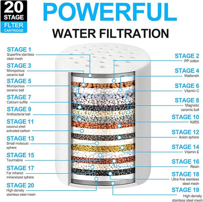 Shower Filter Replacement Cartridge: 20 Stage Shower Filter for Hard Water Removes Chlorine Fluoride & Heavy Metals - 2 Pack Water Softener for Hair/Skin