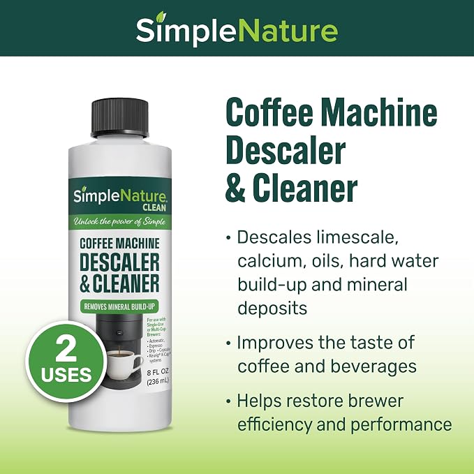 SimpleNature Coffee Descaler (8 fl oz, 2 pack) - Plant-Based Formula Removes Limescale & Buildup from Espresso, Drip, Pod & Single-Serve Machines | Improves Performance & Brew Quality