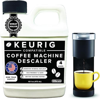 Tillbrook Coffee Machine Descaler - 1 YEAR SUPPLY Concentrated Descaler for Keurig - 16oz Coffee Maker Cleaner for Breville, Nespresso, Delonghi, Espresso Machine - 4 Uses - Safe, Natural, Effective