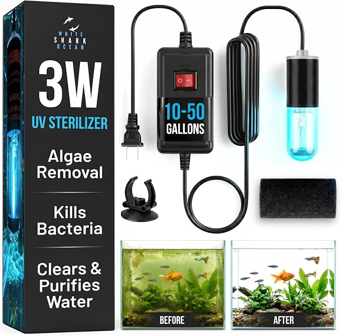 Aquarium UV-C Light 3W – Submersible UV Clarifier for Freshwater & Saltwater Tanks, Sumps & Hydroponics – Clears Green Water Fast – 9.8 ft Power Cord – Pre-Filter Sponge & Suction Cup Included