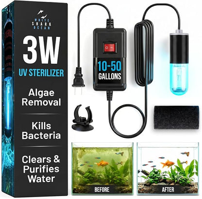 Aquarium UV-C Light 3W – Submersible UV Clarifier for Freshwater & Saltwater Tanks, Sumps & Hydroponics – Clears Green Water Fast – 9.8 ft Power Cord – Pre-Filter Sponge & Suction Cup Included