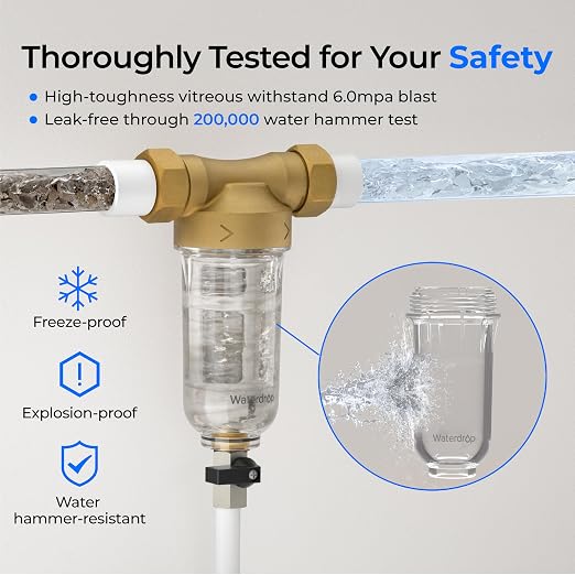 Waterdrop RPFK15 Spin Down Sediment Filter, 100 Micron+500 Micron | Backwash Whole House Water Filter System for City/Well Water, 1" MNPT + 3/4" FNPT + 3/4" MNPT, Traps Sand, BPA Free