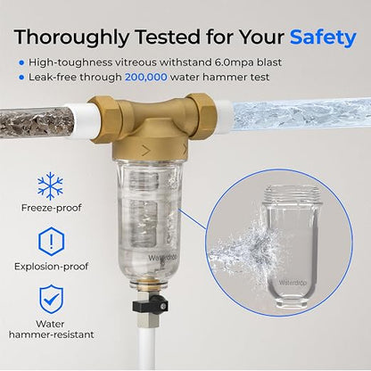 Waterdrop RPFK15 Spin Down Sediment Filter, 100 Micron+500 Micron | Backwash Whole House Water Filter System for City/Well Water, 1" MNPT + 3/4" FNPT + 3/4" MNPT, Traps Sand, BPA Free