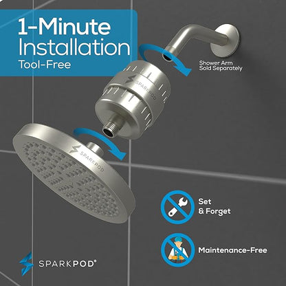 SparkPod Luxury Filtered Shower Head Set 23 Stage Shower Filter - Reduces Chlorine and Heavy Metals - High Pressure Showerhead Filter (6" Round, Elegant Brushed Nickel)