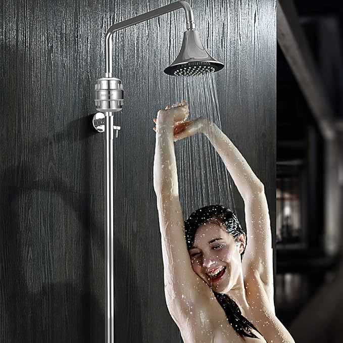 Shower Filter for Hard Water, Built in Replaceable 15 Stage Shower Head Filter Cartridge Universal Transform Itching Eczema & Acne into Glowing Hair Nails & Skin Fast- Chrome