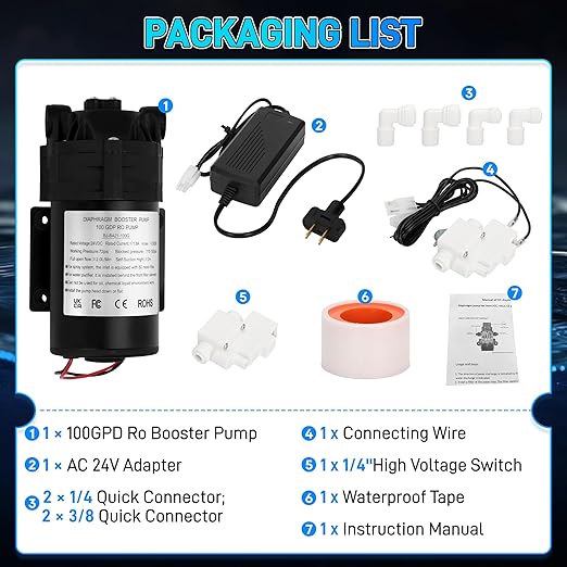 6800 Booster Pump Kit, Suitable for Household Reverse Osmosis Water Filtration System Standards or Manifolds up to 100 GPD,Bring a High-Voltage Switch