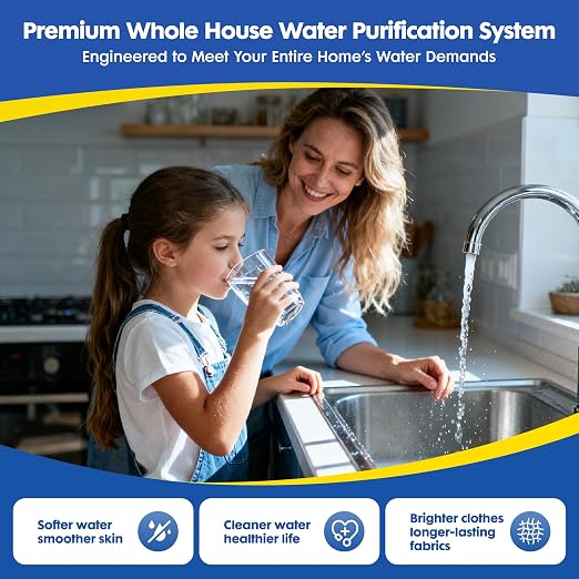 Whole House Water Filter System,3 Stage Whole Home Water Softener System, Reduces Chlorine Sediment Odor for Healthier Skin,Extra 2 Sets Filter Included, 1-2 Year Service Life,2 Valves & 3/4" Ports
