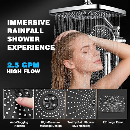 Rainfall Shower Head With Handheld Combo, Adjustable Drivse Filtered Shower Heads with Handheld Spray Combo, One-piece High Pressure, Built-in Magnetic Docking and Power Jets