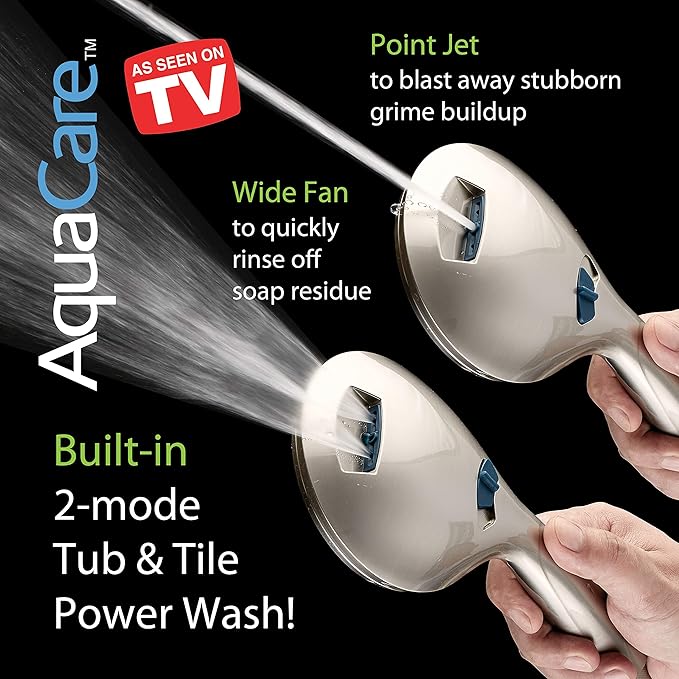 Hotel Spa AquaCare High Pressure 8-mode Handheld Shower Head, Anti-clog Nozzles, Built-in Power Wash to Clean Tub, Tile & Pets, Extra Long 6 ft. Stainless Steel Hose, Wall & Overhead Brackets