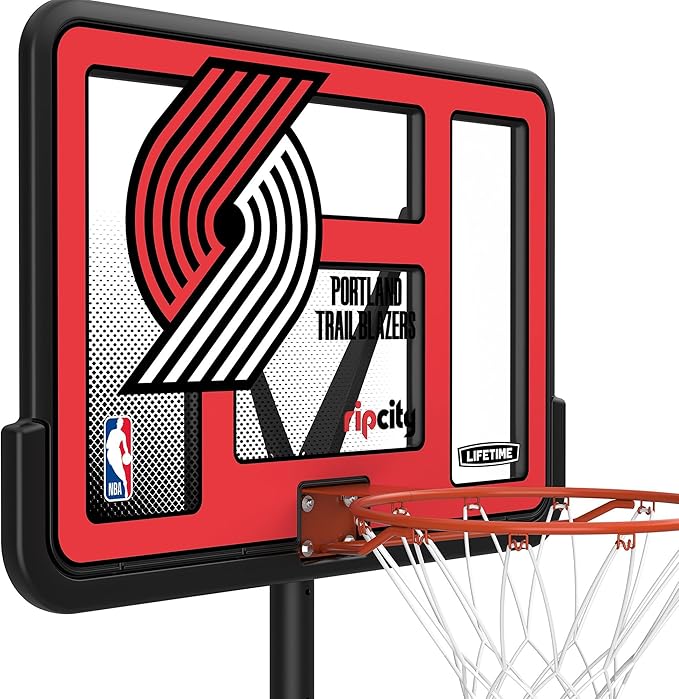 Lifetime NBA Portland Trail Blazers Portable Basketball Hoop, Adjustable Height 7.5-10 Ft, 44 Inch Shatterproof Fusion Backboard, Base with Wheels