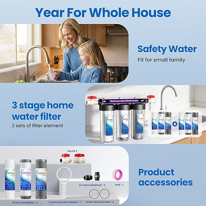 Whole House Water Filter System, 3-Stage Home Water Filtration System, Extra 2 Sets of Filters, 1.5-2 Years Filter Life, Reduce Chlorine Sediment Taste, 3/4" Ports with 2 Valves, for Well & City Water