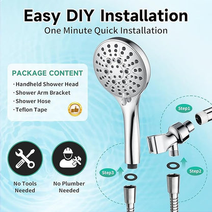 BRIGHT SHOWERS High Pressure Shower Head with Handheld, 9 Spray Settings Showerhead Built in Power Wash to Clean Tub and Pets, Extra Long 69" Hose, Adjustable Bracket, Chrome