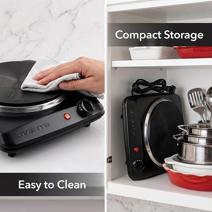 OVENTE Electric Cast Iron Single Burner, 1000W Hot Plate, Black BGS101B | 7.25" Portable Countertop Cooktop, Metal Housing, 5 Level Temperature Control, Compact Cooking Stove, Easy to Clean